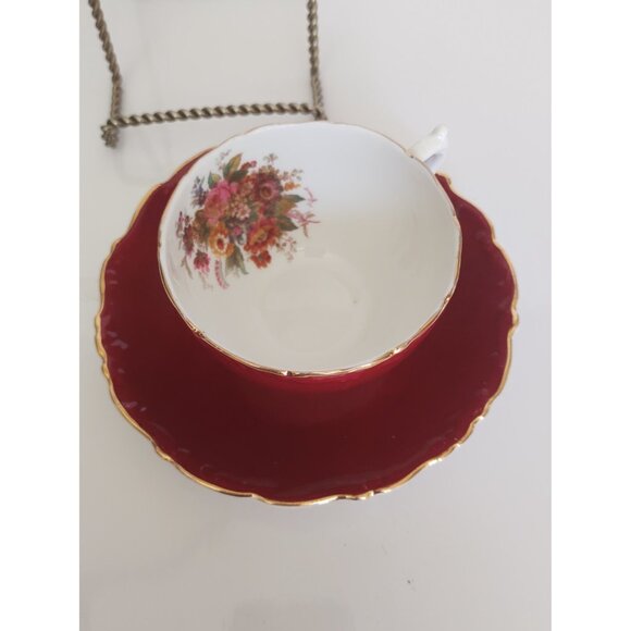 Vintage Coalport Bone China Teacup and Saucer Burgundy Fall Florals 1960's - Picture 7 of 9